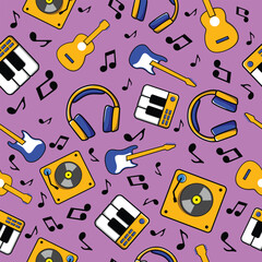 Music Pattern template with a piano, headphone, and guitar with a purple dominant color.