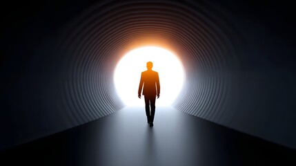 Obraz premium A silhouetted figure walking towards the light at the end of a tunnel.