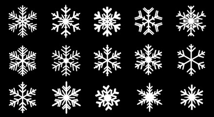 Black and white set of intricate snowflake vector icons for cold season and holiday themed graphic designs