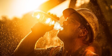 Construction Worker Cooling Off in Extreme Heat with Water Bottle. Labor Day Concept