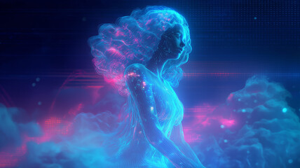 AI goddess digital art, glowing feminine AI figure in cosmic data cloud, neon shine