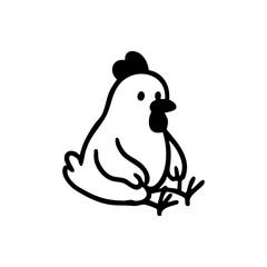 Simple black and white drawing of a cartoon chicken