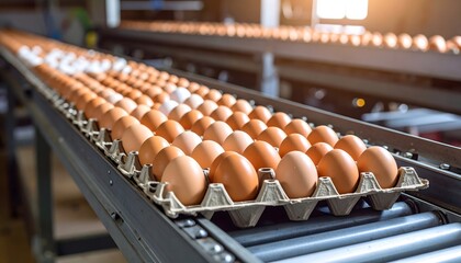 Conveyor belt moves brown and white eggs through a packaging system on a chicken farm. Clean and rustic mix of industry and tradition.