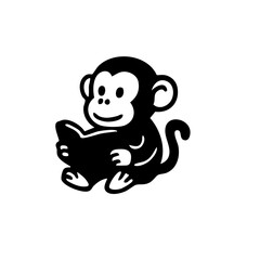 A stylized black and white monkey sitting and holding a book