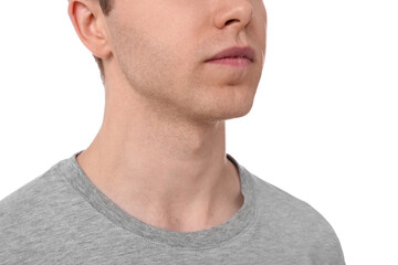 Man after shaving on white background, closeup