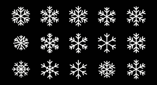 Collection of geometric snowflake vector designs in monochrome black and white, ideal for winter visuals and patterns