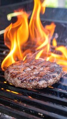 Flaming BBQ Grill Burger Patty Cooking.