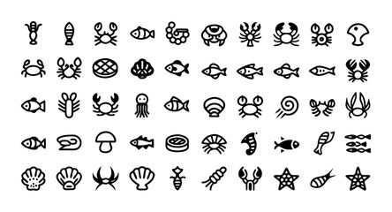 Seafood Icon Set – Editable Stroke Vector Illustration Featuring Fish, Shrimp, Crab, Lobster, Oyster, Squid, Mussels, and More – Line Style Marine Food Icons