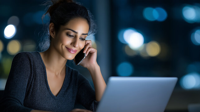 "Smiling Hispanic Businesswoman Engaged in Online Work"