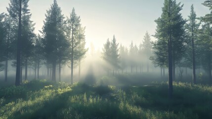 Fototapeta premium Panorama of a coniferous forest in the light of the morning sun