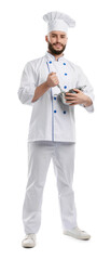 Happy confectioner in uniform holding whisk and cooking pot on white background
