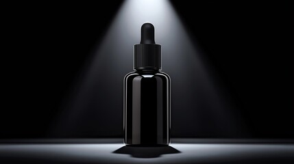 luxury hair serum flatlay in monochrome tone with black bottle, minimalist setup and spotlight contrast on center product