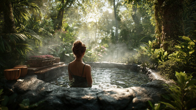 A woman relaxing in an outdoor bathtub, surrounded by nature, calm and peaceful atmosphere, perfect for spa, wellness, retreat, and self care inspiration.