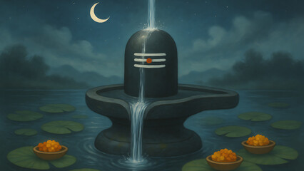 Shiva lingam with flowing water and a crescent moon casting a gentle glow over lotus leaves and offerings in a calm pond mahadev sawan ritual