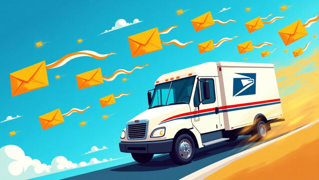 Happy national postal worker day dynamic vector illustration with a speeding mail truck and flying yellow envelopes under a bright blue sky