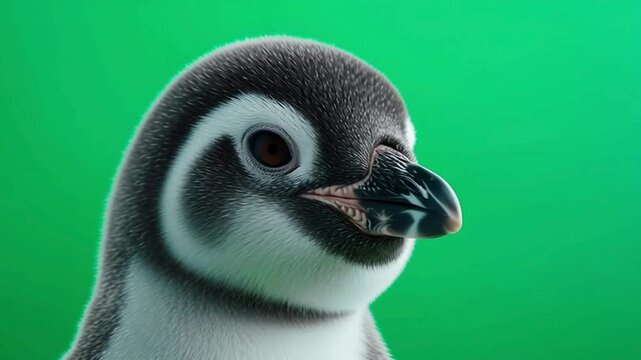 a close-up of a charming penguin chick with striking black and white plumage, set against a vivid green backdrop