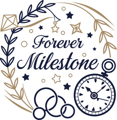 Obraz premium Sophisticated Forever Milestone Label Design Featuring Elegant Motifs with Clock, Rings, and Stars for Celebrating Timeless Moments and Special Occasions