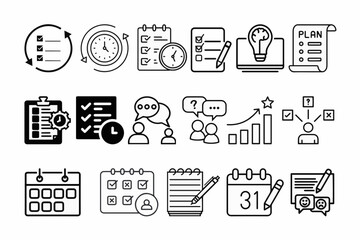 Time Management and Productivity Icon Set – Vector Line Style