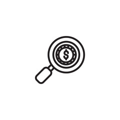 A simple line art icon shows a magnifying glass over a dollar sign, representing financial analysis, investment research, or finding money.