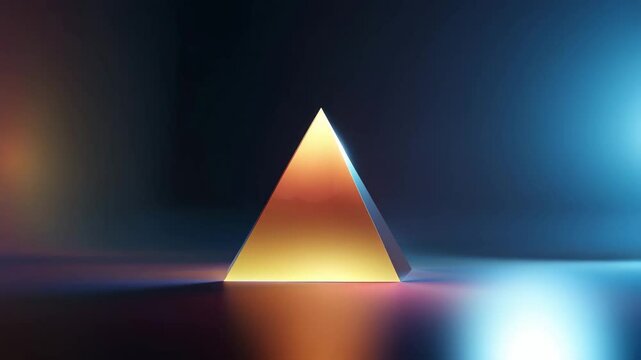 Glowing glass pyramid with colorful light reflections on smooth surface in dark ambient space creating mystical and futuristic atmosphere with soft shadows and vibrant hues