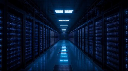 Fototapeta premium Futuristic Data Center with Glowing Blue Server Racks – Symmetrical High-Tech Interior in Cinematic Darkness
