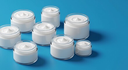 Jars of cream on a blue background