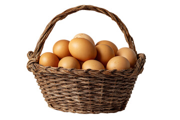 Fresh brown eggs in a rustic woven basket.