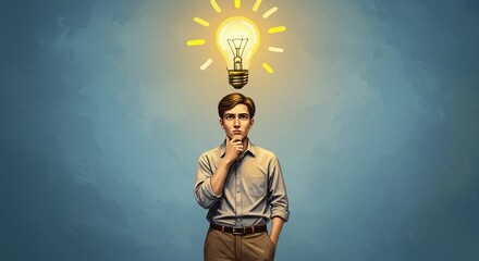 young man with light bulb above his head, illustration