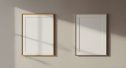 Two Empty Picture Frames Hanging on Wall, Mockup for Art Display or Poster Design