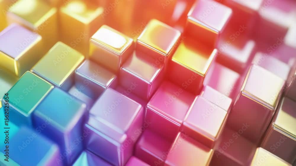 Poster a vivid display of brightly colored bricks against a gray background, creating an abstract digital t