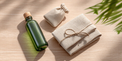 Eco-packaging concept. Eco packaging enhances appeal of natural products like this green bottle and fabric pouch
