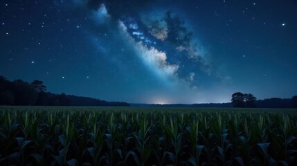 Serene Night Sky Over a Lush Cornfield, Illuminated by the Milky Way's Celestial Glow