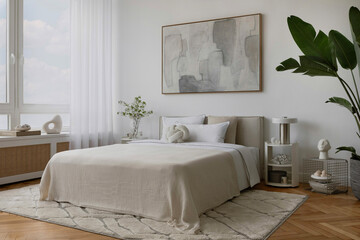 Stylish and minimalist bedroom with soft neutral tones, mock up abstract painting above the bed....