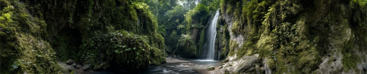 Fototapeta premium Waterfall adventure in lush jungle hdr 360 degrees nature scene