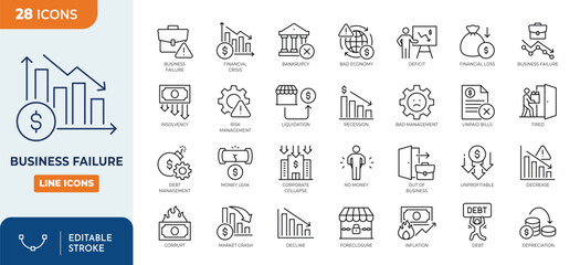 Business failure line editable icon set. Containing bankruptcy, financial crisis, money leak, debt, no money, recession, unpaid bills, and more. Editable stroke. Vector illustration