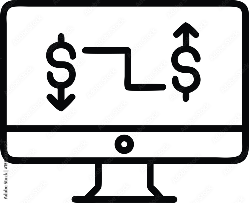 Poster money flow graph illustration on computer screen, financial data line drawing style