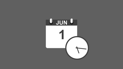 January month 1 date calendar icon clock gray color 4k illustration. 
