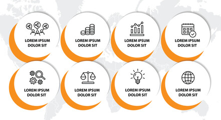 8 steps infographic template with 8 options. Flowchart that can be used for business report, data visualization and presentation. Timeline infographic elements vector illustration.