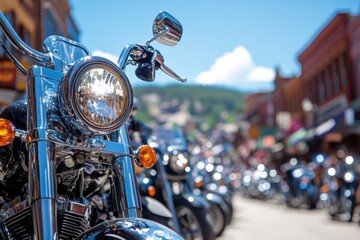 Fototapeta premium A group of motorcycles parked on a street in front of a building