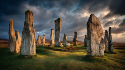 Ancient Callanish standing stones in Scotland, mystical prehistoric site with dramatic sky, historic landmark, Celtic heritage, and mysterious atmosphere for travel and history themes.