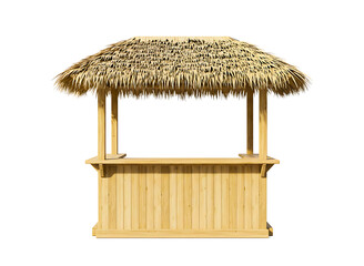Wooden tiki bar with thatched roof and potted plants isolated on transparent background