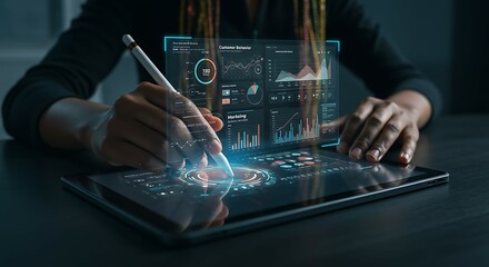 Person interacting with a holographic dashboard displaying data visualizations