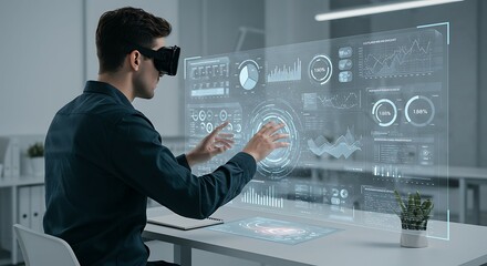 Man in VR headset interacting with holographic data display