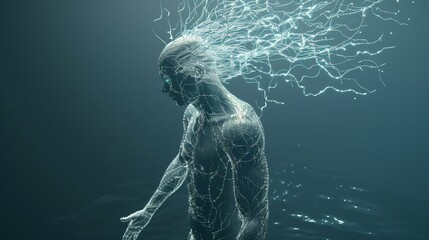 A glowing neural network branching into a human silhouette, connecting unexpectedly to other body systems.