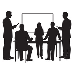 Silhouetted business team engaging in a meeting presentation with projection screen