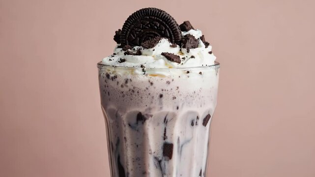 Oreo milkshake, close-up of a frothy milkshake with Oreo crumbles on top, creamy texture, light pastel background

