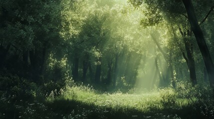Panorama of a fresh green forest in spring with sunlight shining through the trees