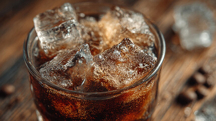 Cold beverage with ice cubes on rustic wooden table highlighting refreshing drink options