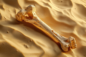 A bleached animal bone rests in the sun-baked sand dunes of a desert landscape.