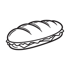 Vector illustration of a delicious freshly made sandwich with black outlines on a white background